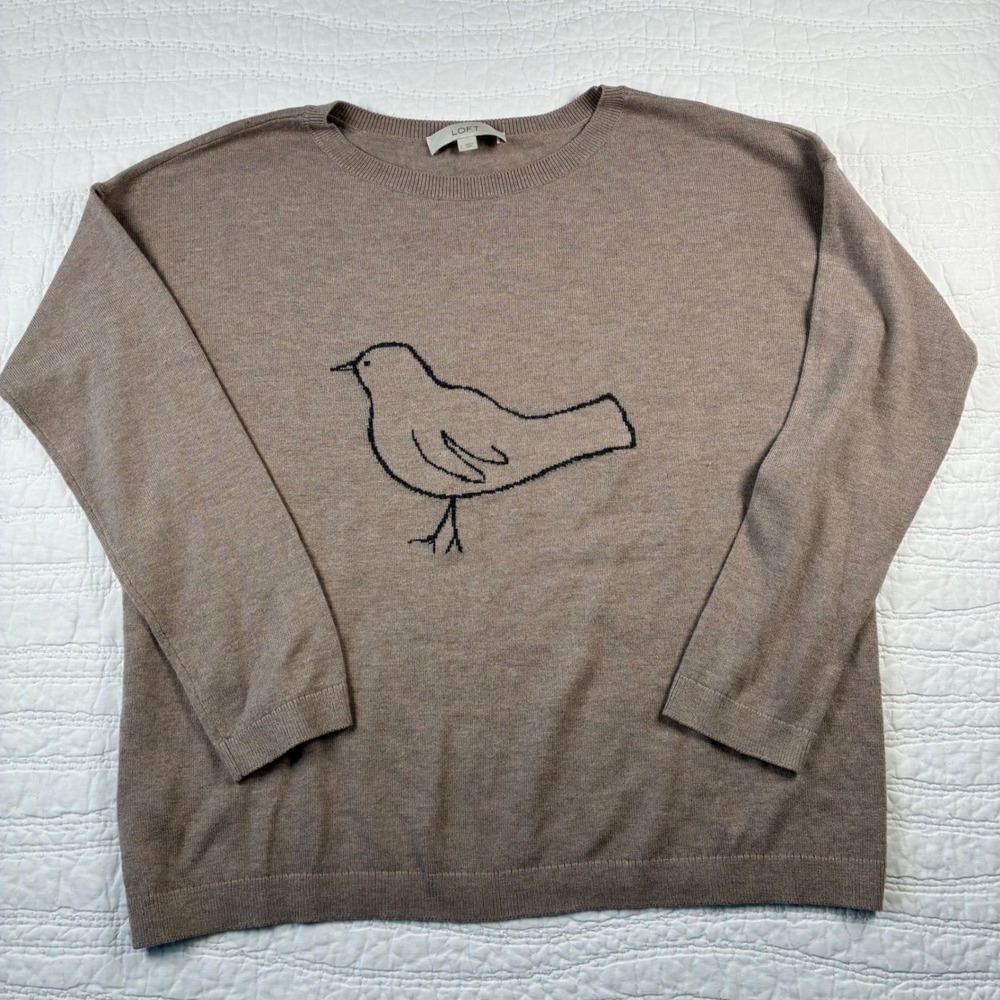Loft Bird Graphic Knit Sweater Size L Taupe Brown Crew Neck Pullover Relaxed Fit